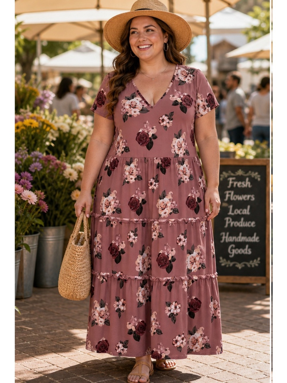Plus Floral Tiered Maxi Dress in Dusty Rose 3X